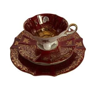 VTG Alka Kunst Bavaria 22K Gold Burgundy Tea Cup & Saucer Maroon Floral Scroll